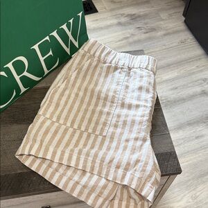 J. Crew Beige and White linen shorts with pockets.